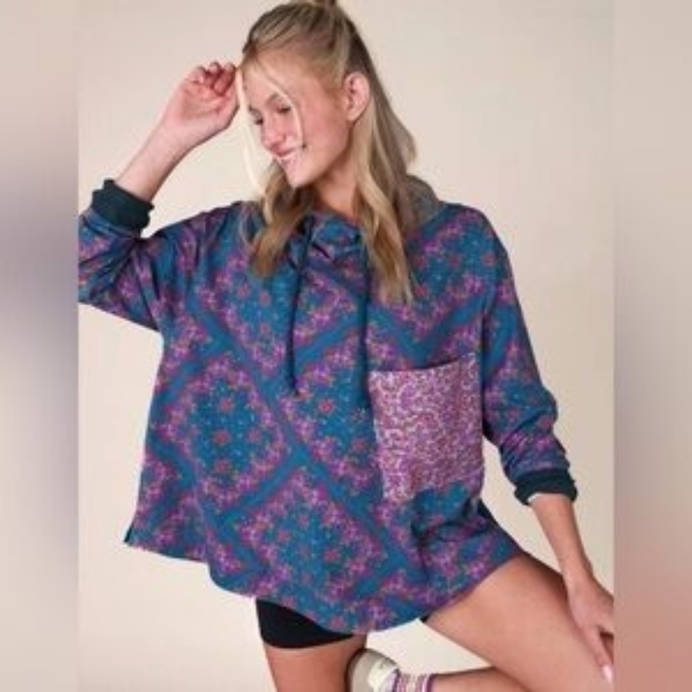 Natural Life Move Free Hooded Layer Floral Hoodie Relaxed Fit Boho Womens Size S